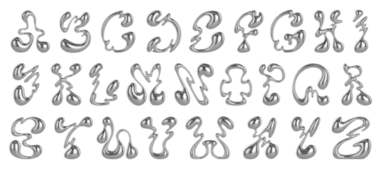 Foto op Plexiglas Chrome Y2K font. Liquid metal alphabet, melted steel letters and funky numbers. Glossy 3D flux typeface set  © BonkiStudio
