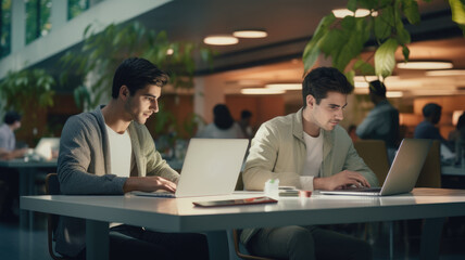 Fototapeta na wymiar Two men working on laptops at a table