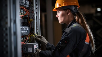 Professional electrician woman works in a switchboard with an electrical connecting cable, Electrician repairing