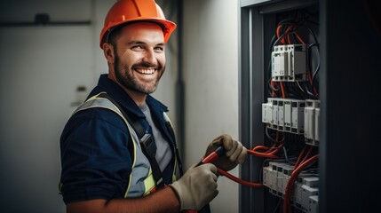 Professional electrician man works in a switchboard with an electrical connecting cable, Electrician repairing