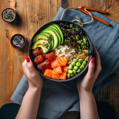 person holding a poke bowl of raw salmon fish, tuna, avocado and rice. Top view photo of woman's hands holding a poke bowl on wooden table background