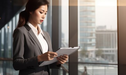 Obraz premium A professional woman holding a clipboard in a business setting