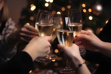 Many hands holding glasses with champagne. Christmas tree with bokeh on background