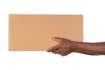 Man holding a cardboard box isolated on white or transparent background