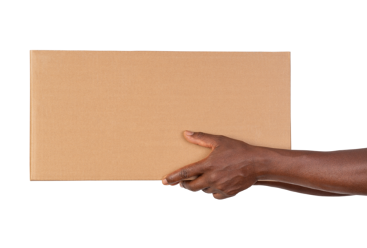 Man holding a cardboard box isolated on white or transparent background