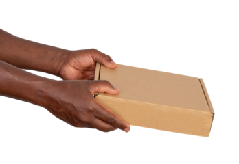 Man holding a cardboard box isolated on white or transparent background