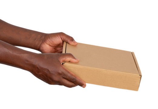 Man holding a cardboard box isolated on white or transparent background