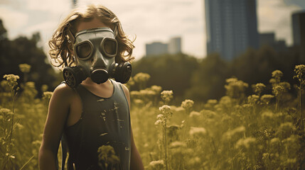 Child Adapting to a Post-Apocalyptic Future with a Gas Mask - obrazy, fototapety, plakaty