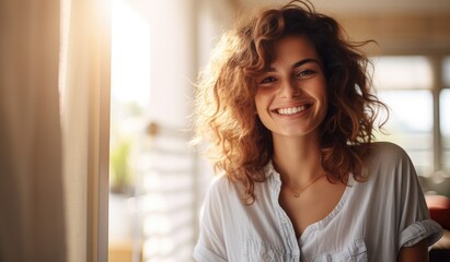 Fototapeta premium A smiling woman with curly hair looking directly at the camera