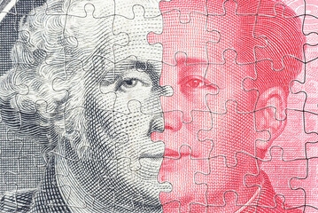 A complex jigsaw puzzle featuring faces of George Washington and Mao Zedong symbolizes the...