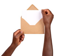 Man holding a brown paper envelope with a blank letter isolated on white or transparent background