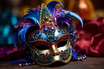 Colorful carnival mask with intricate details and Venice-inspired design. Festive beads and a vibrant Mardi Gras ambiance. Generative AI