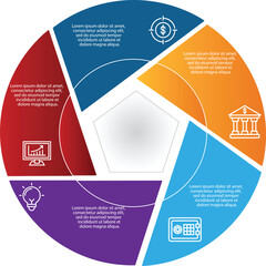 Collection of vector circle chart infographic templates for presentations, advertising, layouts, annual reports. 5 options, steps, part