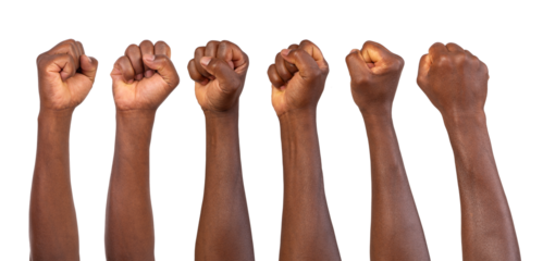 Holding fists up in the air isolated on white or transparent background	