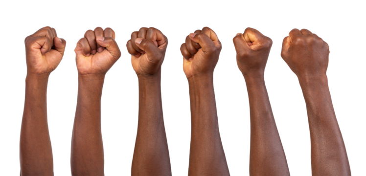 Holding fists up in the air isolated on white or transparent background	
