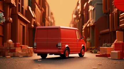 Red van parked in the middle of the road. Generative AI