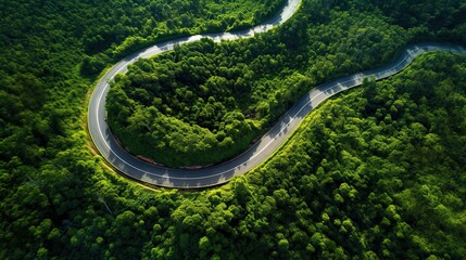 Aerial top view beautiful curve road on green forest in the rain season.