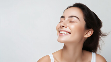 Beauty skin. Head and shoulders of woman model, touching glowing, hydrated facial skin, apply toner, skin cream or lotion for healthy look, after shower portrait, white background.