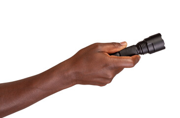 Hand holding a black flashlight or a torch isolated on transparent or white background - obrazy, fototapety, plakaty