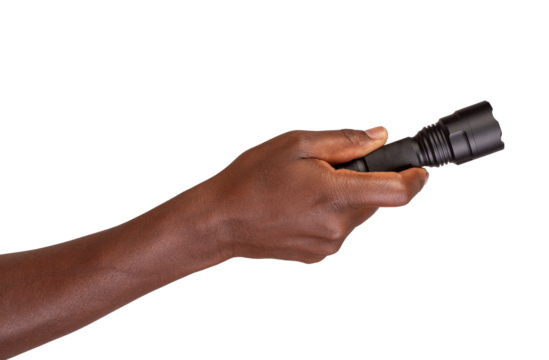 Hand holding a black flashlight or a torch isolated on transparent or white background