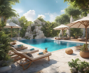 Sunny Resort Hotel with Pool and Sun Loungers. generative AI