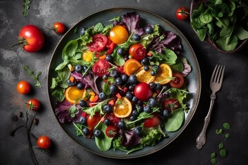 Top view of colorful and healthy salad on plate. Generative Ai