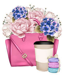 Stylish pink female bag with bouquet of peonies and cup of coffee and macaroons. Fashion illustration