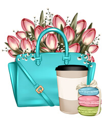 Stylish blue female bag with bouquet of tulips and cup of coffee and macaroons. Fashion illustration