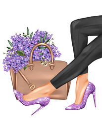 Beautiful girl legs wearing purple high heels shoes. Handbag with lilacs. Fashion girl illustration