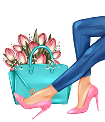 Beautiful girl legs wearing pink high heels shoes. Handbag with tulips. Fashion girl illustration
