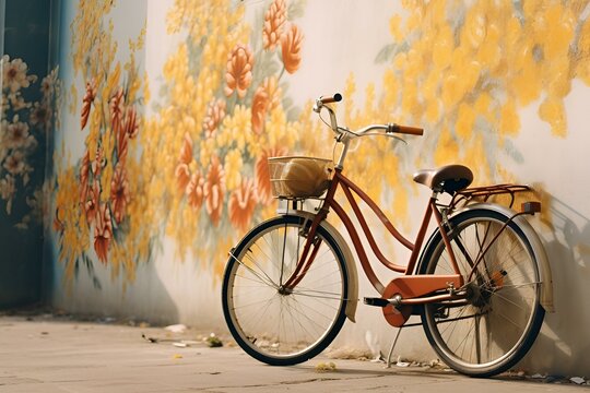 bicycle in the street lying along a painted old wall AI Generative 