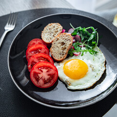 egg fried breakfast tasty fresh vegetable, toasted bread eating cooking appetizer meal food snack on the table copy space food background rustic top view