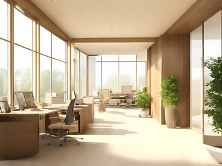 A beautiful modern spacious office with panoramic windows, the beautiful and a perspective design in pleasant natural beige and brown tones. AI generated.