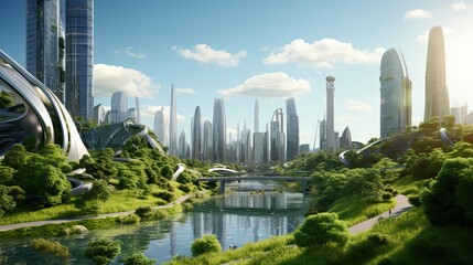 Eco-futuristic cityscape full with greenery, parks and green spaces in urban area.