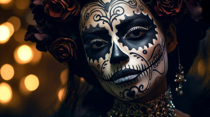 Naklejka premium Young Mexican woman dressed for Day of the Dead (Día de los Muertos) celebrations with elaborate makeup including black and white face paint, black eyes, and a bouquet of red roses