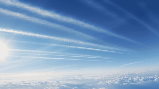 Skywriting or conspiracy, photo of chemtrails in the blue sky