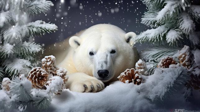 White pollar bear on the Christmas night, winter decoration
