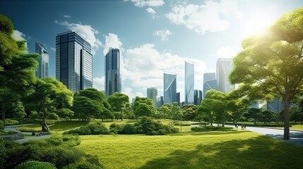 Fototapeta premium Public park and high buildings cityscape, Green environment city, World Environment Day concept.