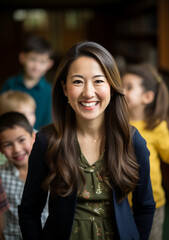 Obraz premium Fostering Curiosity & Growth: Young Female Teacher Nurturing Minds of School Children in a Scholarly Environment. Generative AI.