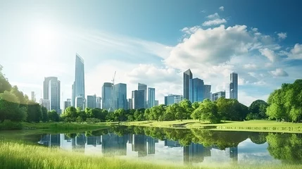Fotobehang Public park and high buildings cityscape, Green environment city, World Environment Day concept. © Oulaphone