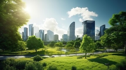 Fototapeta premium Public park and high buildings cityscape, Green environment city, World Environment Day concept.