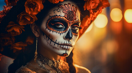 Young Mexican woman dressed for Day of the Dead (Día de los Muertos) celebrations with elaborate makeup with intricate details including black and white and colorful face paint, black eyes, and red ro