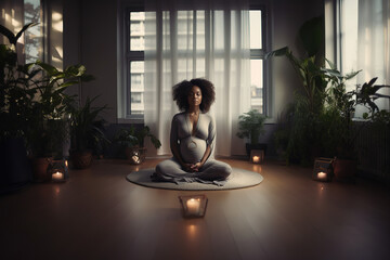 Calm pregnant african American woman in lotus pose meditating on floor sitting indoors, doing breathing exercises for healthy pregnancy, preparing body for childbirth, relaxation. - obrazy, fototapety, plakaty