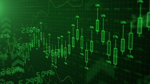 Candles of growing stock market exchange. Green bullish trend. Forex trading candlestick graph increase in profit. Financial investment or bitcoin and cryptocurrency trading. Prices are going up.