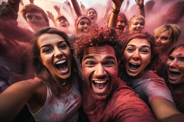Fototapeta premium Fröhliche junge Menschen feiern das farbenfrohe Holi-Festival, umgeben von Glück und Lebensfreude