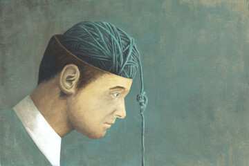 Illustration of man looking at node in his brain, surreal mental health concept - obrazy, fototapety, plakaty