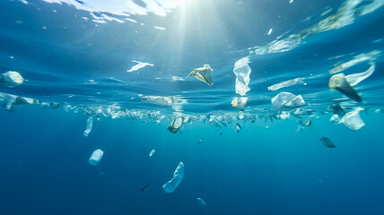 Obraz na płótnie Canvas Plastic floating in the ocean, pollution in ocean. 
