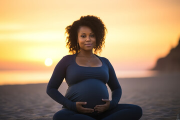 Calm pregnant african American woman meditating outdoors on ocean beach sitting on sand, doing breathing exercises for healthy pregnancy, preparing body for childbirth, relaxation on sunrise.