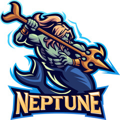 Neptune holding a trident esport mascot - obrazy, fototapety, plakaty
