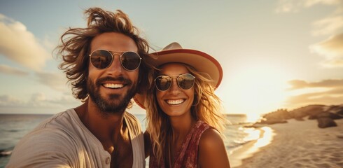 Glückliches Paar teilt fröhliche Urlaubsfreude, Selfie am traumhaften Strand - Lebensfreude, Spaß und Abenteuer zusammen erleben - obrazy, fototapety, plakaty